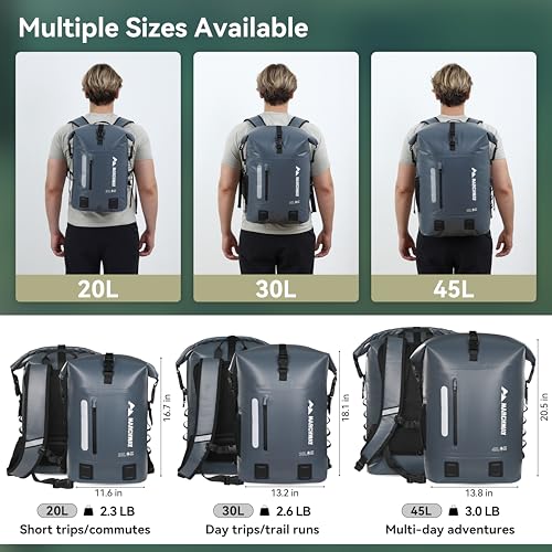 MARCHWAY Roll Top Waterproof Backpack, Floating Dry Bag 20L/30L/45L with Ergonomic Rectangular Base, Cushioned Back, Hip Strap for Hiking Camping Kayaking Travel (Grey, 30L) - color: Grey, size: 30L