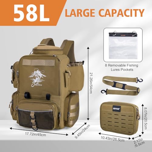 Goture Fishing Backpack, 58L 900D Water-Resistant Insulated Tackle Backpack with Cooler, Rod Holders, 8 Lure Pockets, Detachable Crossbody Bag, Gear Storage Large Fishing Bag for Camping Hiking - color: Khaki