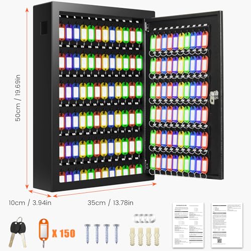 Nebakne 150 Keys Cabinet Organizer Wall Mount, Heavy Duty Key Lock Box with Key Hooks & 150 Tags Key Labels, Security Lockbox for Valets, Hotels, Car, Office Key Management & Storage - color: Black, size: 150 Key Hook