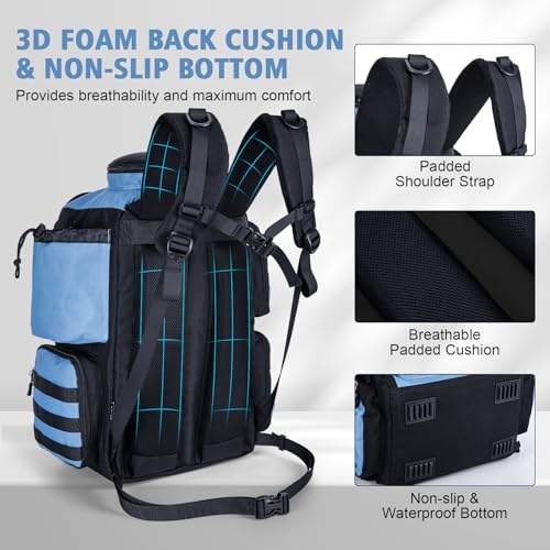 Goture Fishing Backpack,900D Water-Resistant Tackle Backpack with Rod Holders, SBS Zippers,45L Large Fishing Bag Storage Gear Tackle Bag with Rain Cover, Bottle Holder for Travel Camping Hiking - color: A1:Blue Black(Only Bag), size: Without Tackle Boxes
