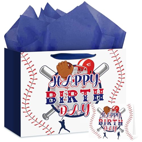Hooqict Baseball Gift Bag Baseball Birthday Party Gift Wrap Bag with Handles, Tissue Paper, Greeting Card for Kids Boys Men Sport Themed Birthday Party Favors Supplies - color: Baseball