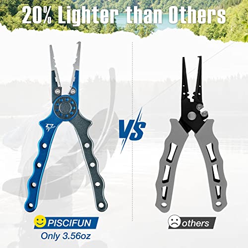 Piscifun Saltwater Fishing Pliers, Aluminum, Split Ring, Braid Cutter | Hook remover, tungsten carbide blade, spring-loaded jaws, ergonomic grip, sheath and lanyard - color: Blue, style: Rubber Sheath