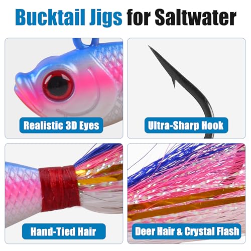 Bucktail Jigs Saltwater Fishing Lures, 5pcs Premium Bucktail Hair Jigs Head Saltwater Striper Lures for Bass Flounder Bluefish Halibut Redfish Surf Fishing 1/4oz 1/2oz 1oz 1.5oz 2oz - color: Purple/Red, size: 1/4oz