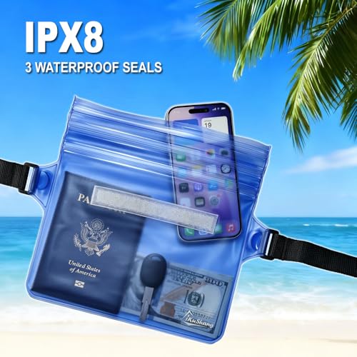 Waterproof Fanny Pack, Dry Bag Phone Pouch for Beach Swimming Kayaking | Floating dry bag keeps wallet & purse safe. Triple zip-lock seals water. Touchscreen works wet. Cruise, fishing & travel - color: Blue+Black