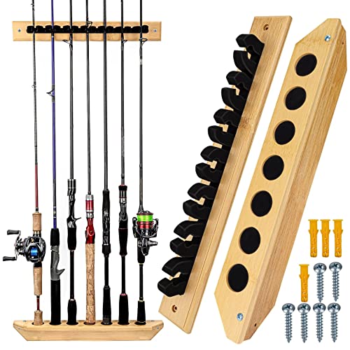 THKFISH Fishing Rod Racks Fishing Rod Holders for Garage Wood Fishing Pole Wall Rack Store 7 Fishing Rod Combos,1 Pair - color: Vertical Rod Rack