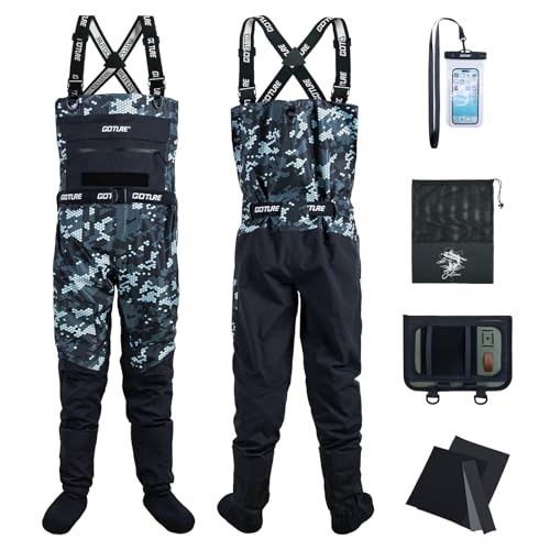 Goture 5-Layer Waterproof Stocking Foot Waders, Breathable Fly Fishing Waders for Men Women, Multiple Storage Pockets 5 Sizes - color: Camo - Gift Box Pack, size: XX-Large