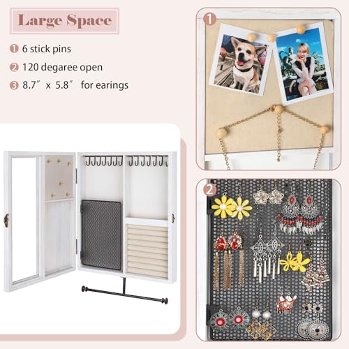 Keebofly Wall Mounted Jewelry Organizer With Rustic Wood Large Space Jewelry Cabinet, Holder, Storage Box for Necklaces, Earrings, Bracelets, Ring Holder, and Accessories White - color: White