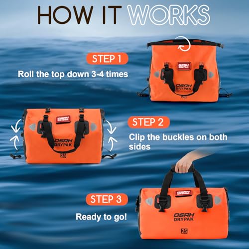 OSAH DRYPAK Waterproof Duffel Bag - Motorcycle Dry Bag Tail Bag with Large Storage Space, Waterproof Luggage Duffle Bags with Outer Mesh Zipper Pocket for Camping, Kayaking, Fishing & Traveling - color: Orange, size: 25L