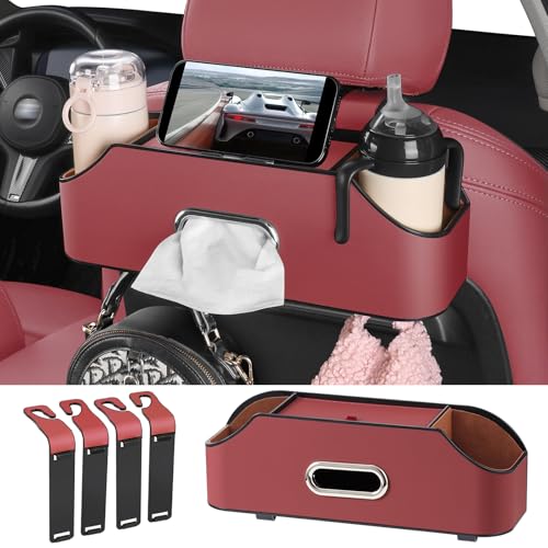 Car Rear Backseat Extra Multifunctional Drink Cup Holder Organizers With Tissue Storage Box Organizer & Hooks For Car Seat Back. Red - color: Red