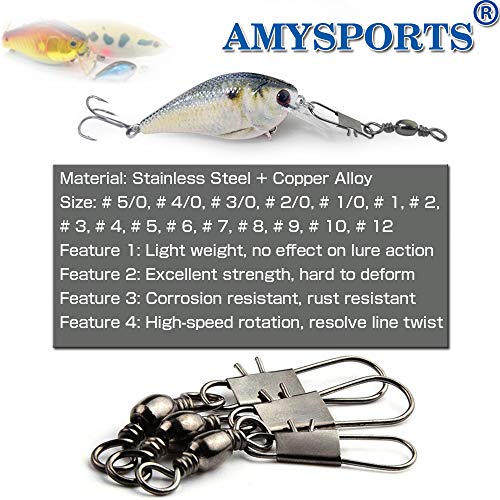 AMYSPORTS Fishing Tackle Barrel Swivel Snap High Strength Snap Swivel Saltwater Stainless Steel Fishing Barrel Snaps Interlock Snaps Freshwater Leader Lure Connnector Accessories - size: Size2/0 (77lb) 50 pcs
