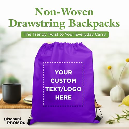 DISCOUNT PROMOS Custom Non-Woven Drawstring Backpacks Set of 10/50/100, Personalized Bulk Pack - color: Purple, size: 10/50/100