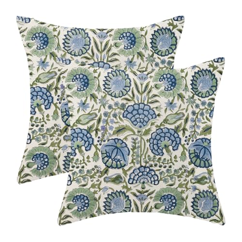 Vintage Boho Pillow Covers 16x16 Set of 2, Navy Blue Sage Green Floral Decor Decorative Throw Pillows Farmhouse Linen Summer Outdoor Cushion Case for Home Couch Sofa Decor - color: Outdoor Flower3, size: 16" x 16" (Pack of 1)