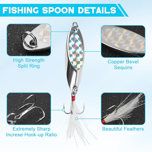 Fishing Spoon Lures, Hard Metal Spoon Fishing Lures Casting Trout Spoons with Treble Hook Jigging Spoon Bait for Bass Pike Trout Walleye Salmon Saltwater Freshwater - size: 10g(3/8oz)-5pcs, style: With Feather