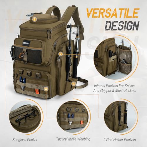 Goture Fishing Backpack with 4 Tackle Boxes, 900D Water-Resistant Tackle Backpack with Rod Holders,Insulated Cooler Compartment, 55L Large Capacity Fishing Gear Storage Bag for Saltwater & Freshwater - color: A3:khaki(4 Tackle Boxes Included)