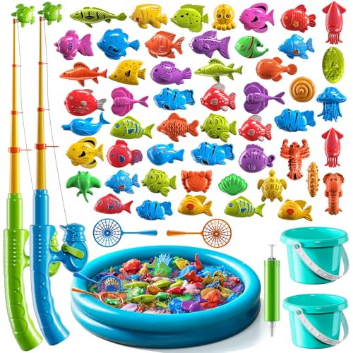 Magnetic Fishing Game Pool Toys for Kids 3 4 5 6 7 8, Water Table Bathtub Toys with Inflatable Pool, Bath Toys for Toddlers, Summer Outdoor Indoor Magnetic Fishing Toys Gifts for Boys Girls 3-5 4-8 - style: 51Fish+2Rod+2Net+2Bucket+Pool