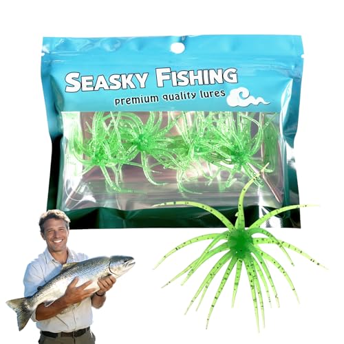 4Pcs Dice Bait, Floating TPR Swimbait with Reflective Stars,Tentacle Creature Lure, Sea Urchin Style Soft Plastic Baits, for Bass Fishing Drop Shot, Wacky Rig/Neko Rig and Finesse, Slow Sinking - color: Grass Green(S), size: 6cm/2.34inch