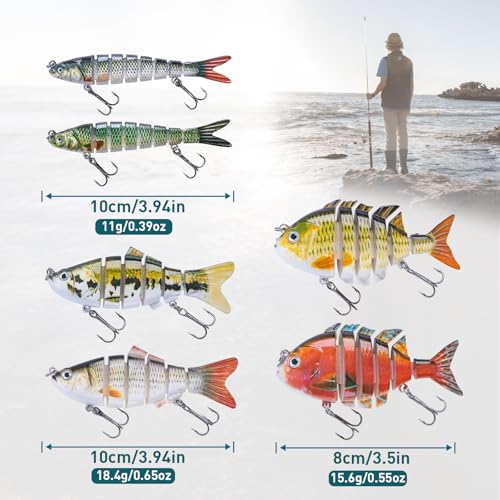 Goture Bass Fishing Lures, Lifelike Jointed Swimbait for Bass Trout Walleye Crappie Pike, Slow Sinking Segment Swimming Bait Fishing Lures for Freshwater and Saltwater, Gifts for Men - color: E2:6pcs Bass Lures with 20pcs Snaps