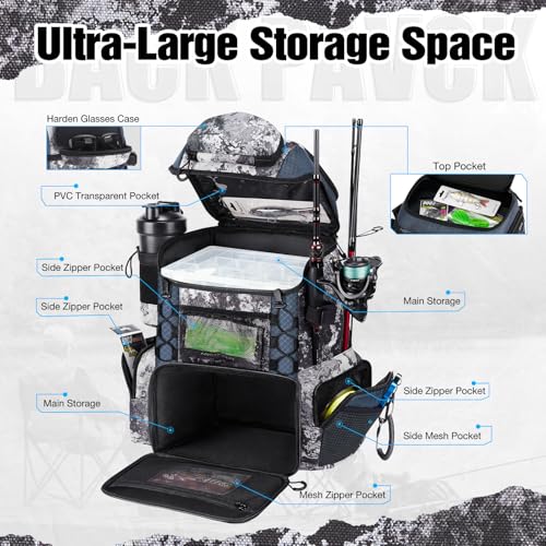Piscifun Fishing Tackle Backpack with Rod Holders & 4 Tackle Boxes, 42L Outdoor Fishing Bag with Waterproof Rain Cover - color: Veil Camouflage