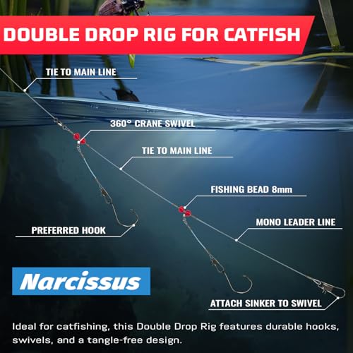 Narcissus Double Drop Saltwater Fishing Rig – Mono 2 Hook Bottom Rigs with Swivels & Snaps, Pre-Tied Surf Pier Boat Leader Line for Snapper, Bass, Mackerel, Catfish - color: Double Drop Rig-24