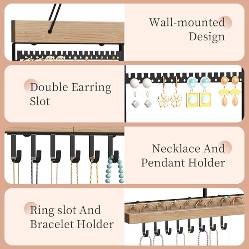 Feyejade Large Rotating Hanging Jewelry Organizer, 5-Tier Earring Holder Storage Holds up to 180 Pairs, Wall Mounted Jewelry Rack for Earrings, Necklaces, Bracelets and Rings, for Girls, Black - color: Black, size: Extended