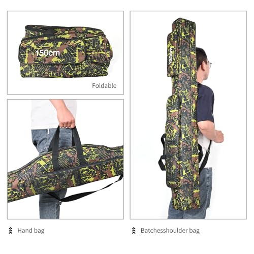 LEOFISHING Portable Folding Fishing Rod Carrier Reel Case Bag 4.27ft/ 4.92ft Oxford Fish Pole Tools Soft Case Pro Gear Tackle Storage Bag for Shoulders Handles (Green Camouflage, 150cm/4.92ft)