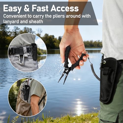 Dr.Fish Fishing Split Ring Pliers Fish Lip Gripper Hook Remover Black | Freshwater & Saltwater Fishing Tools: 420 Stainless Steel Lip Gripper Hook Remover with PVC Handle, Lanyards and Sheath - color: Black-6"