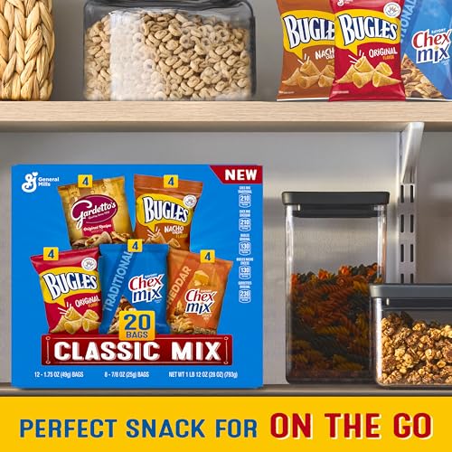 Classic Mix Snack Variety Pack, Bugles Original and Nacho Cheese, Gardetto's Original Recipe, Chex Mix Traditional and Cheddar, 20 Ct, 28 oz, (Pack of 2) - size: 28 Ounce (Pack of 2)