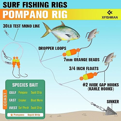 Pompano-Rigs-for-Surf-Fishing-Saltwater-Gear with Double Circle & Wide Gap Hook-6-Pack Surf Fishing Tackle - color: Orange and Yellow 3/4"Floats 6-Pack, size: #2 Wide Gap Hook