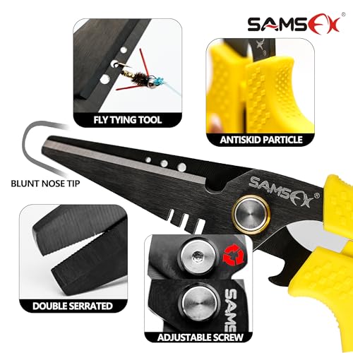 SAMSFX Fishing Braid Line Scissors Shears with Titanium Coating and Dual-Serrated Blade, Kraton Handle, Arrives with Hard Sheath and Coiled Lanyard (Yellow Kraton Handle) - color: Yellow Kraton Handle