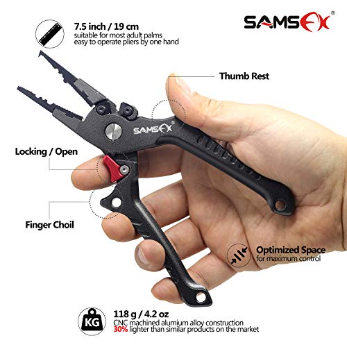 SAMSFX Aluminum Fishing Pliers Hook Remover Braid Line Cutter with Coiled Lanyard, Fly Fishing Knot Tying Tool & Retractors - color: Gray Handle, Split Ring Nose