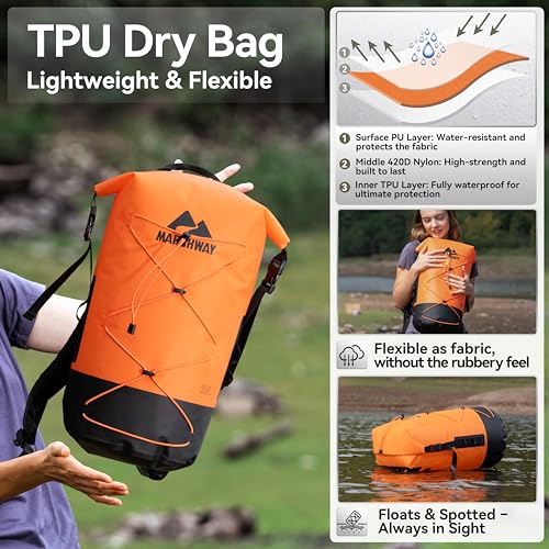 MARCHWAY Floating Roll Top Dry Bag, Flexible Lightweight TPU Waterproof Backpack 20L/30L/40L with Padded Straps for Boating, Kayaking, Swimming, Hiking, Beach (Orange, 20L) - color: Orange, size: 20L