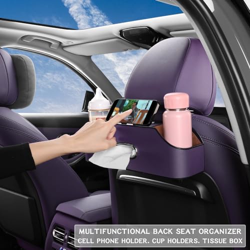 Car Seat Back Organizer - Stylish & Functional Storage for Family Adventures - Cup Holders, Tissue Box & Hooks - Perfect for Kids, Road Trips & Travel (Purple) - color: Purple