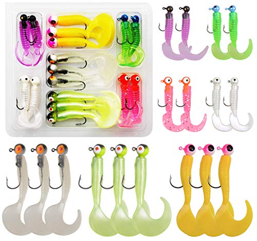 Soft Plastic Fishing Lure Jig Head Hook Kit,Grub Worm Lures Crappie Jigs Head Grub Tail Swimbait Tube Bait Jigs for Saltwater Freshwater, Trout Crappie Fishing - color: 17PCS Sets