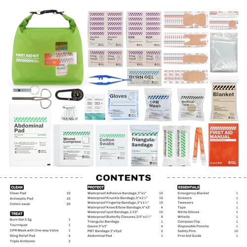 RHINO RESCUE Waterproof Boat First Aid Kit, Lightweight Boat Accessories Dry Bag, Emergency Marine Survival Supplies for Outdoor Kayak, Fishing, Floating, Swimming, Beach & Camping (Green) - color: Green