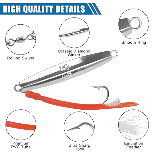 Diamond Jigs Saltwater Fishing Lures,Casting Jigging Spoon with Split Tube Tail Stainless Steel Hook Metal Jig Spoon Baits for Deep Sea Offshore Surf Fishing Bottom Sinking - color: Red-1pc, size: 2oz
