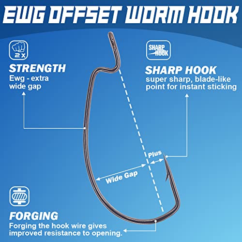 Offset-Worm-Hooks-for-Bass-Fishing-Rubber-Worms-Ewg-Wide-Gap-Bass-Hooks Freshwater Texas Rig Soft Plastics Worms Bait Fishing Hook Black Red Colored 1/0 2/0 3/0 4/0 - color: Black, size: 1/0