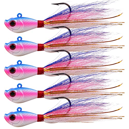 Bucktail Jigs Saltwater Fishing Lures, 5pcs Premium Bucktail Hair Jigs Head Saltwater Striper Lures for Bass Flounder Bluefish Halibut Redfish Surf Fishing 1/4oz 1/2oz 1oz 1.5oz 2oz - color: Purple/Red, size: 1/4oz