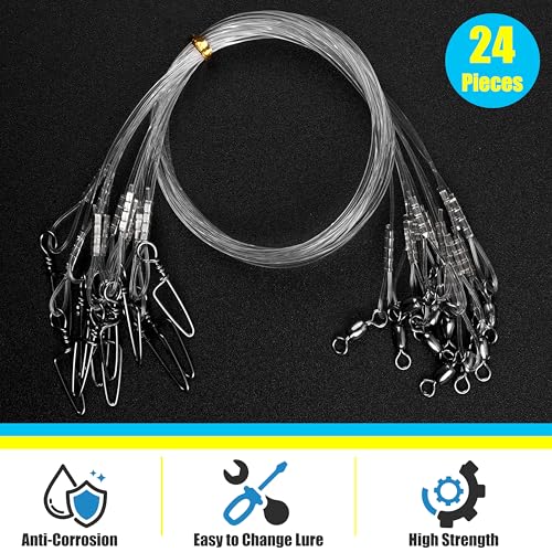 Fluorocarbon Fishing Leader, 12/24pcs Fluorocarbon Leader Line with Swivels Snap Invisible Fishing Wire Leader Connect Tackle Lures Bait Hooks for Saltwater Freshwater - size: 50lb, style: 24pcs