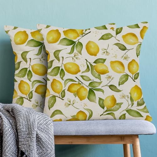 Summer Pillow Covers 16x16 Inch Set of 2 Yellow Lemon Floral Throw Pillows Outdoor Decorative Seasonal Spring Summer Yellow Green Leaves Floral Pillowcases Linen Cushion Covers for Sofa Couch - color: Lemon Floral, size: 16" x 16" (Pack of 2)