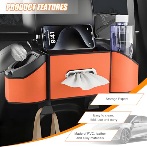 HZEL Car Seat Back Organizer, 7 in 1 Vehicle Backseat Storage Box with Cup Holder Tissue Box Trash Bin & Hooks, Multifunctional Auto Interior Headrest Organizer, Universal for SUV RV Truck (Orange) - color: Orange