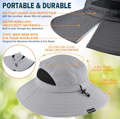 Wide Brim Sun Bucket Hat, Waterproof Boonie Hat for Men & Women | UPF 50+ UV Protection, Adjustable Fit, Chin Strap & Sweatband, Foldable Durable for Fishing Hiking Garden Beach - color: 01 Light Grey