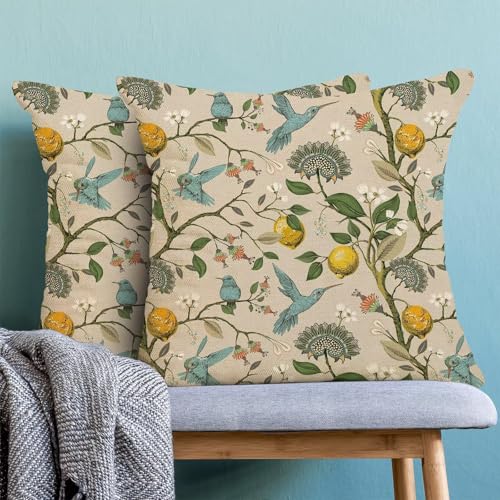 Chinoiserie Pillow Covers 16 x 16 Set of 2, Spring Lemon Blue Green Bird Floral Throw Pillow Covers Farmhouse Flowers Pillowcase Home Decor for Couch Sofa Outdoor - color: Chinoiserie-d, size: 16" x 16" (Pack of 1)