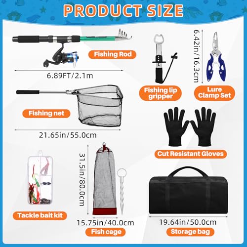 MiniInflat Telescopic Fishing Rod and Reel Combo, 6.89ft 2pcs Collapsible Rod with Plier Lip Gripper Lures Carrier Bag Pre-Loaded Spinning Reel Saltwater Freshwater Fishing Pole Kit - color: Green