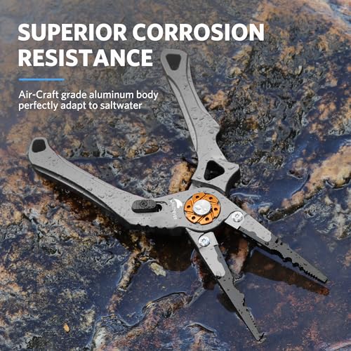 Saltwater Fishing Pliers, Split Ring Pliers for Fishing with Safety Lock, Fish Pliers with Sheath and Lanyard, Fishing Gifts for Men - color: D-gray