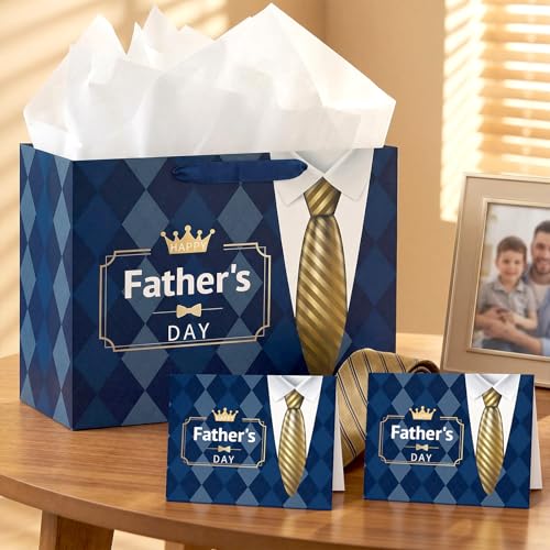 Hooqict Large Fathers Day Gift Bag Father Gift Wrap Bag with Handles, Tissue Paper, Greeting Cards for Best Daddy Husband Grandfather Happy Father's Day Celebrations Party Supplies - color: Fathers Day