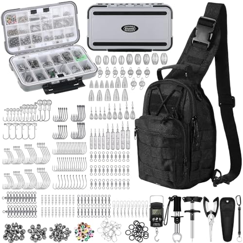 397 Pcs Fishing Accessories Kit Tools Include Backpack Fishing Tackle Box with Hooks Weights Sinkers Spinner Blade Gear - color: Black, size: Simple Style
