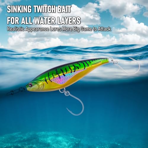 Alwonder High Speed Trolling Lures Saltwater Fishing Lures 6"/3oz Sinking Twitch Bait 7/0 Hook Deep Diving Jerkbait Fishing Plug Offshore Lure for Tuna Striper Mackerel - color: Chrome Dorado