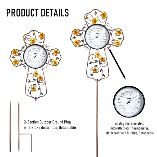 Christian Cross Outdoor Thermometer- Decorative Flower Garden Stake with Flower Design for Patio, Prayer Gardens & Waterproof Oil Rubbed Bronze Temperature Gauge (38 Inch) - color: B-Christian Cross