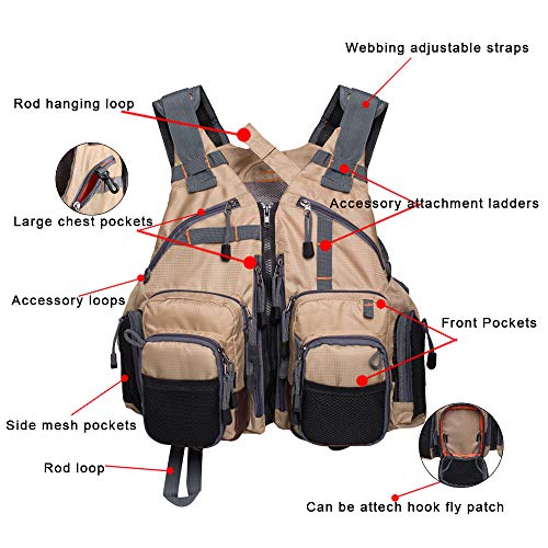 Waxaya Lightweight Fly Fishing Vest with Multi Pockets Adjustable Size Mesh Fishing Backpack for Men and Women - color: Khaki