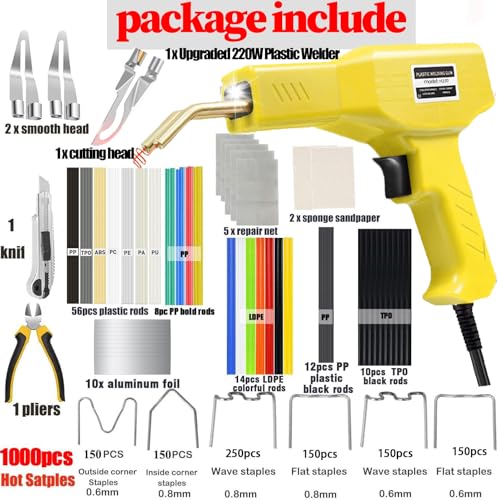 220W Plastic Welder,2 in 1 Plastic Welding Kit 1000PCS Hot Staples Plastic Repair Kit With 100PCS Plastic Welding Rods Car Bumper Repair Kit for Most Plastic Repair - color: Yellow
